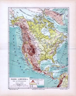 Landkarte von Nordamerika im Maßstab 1 zu 37,6 Millionen. Mit Angabe der Fluß- und Gebirgssysteme und Höhen- / Tiefenschichten.