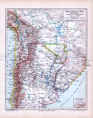 Landkarte aus dem Jahr 1893 von Argentinien, Chile, Bolivien, Uruguay und Paraguay im Maßstab von 1 zu 12 Millionen. Die Schweiz im Maßstab zum Vergleich.
