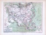 Die Landkarte zeigt Forschungsreisen in Asien in Mittelalter und Neuzeit. Die farbige Illustration von 1893 wurde im Maßstab von 1 zu 56 Millionen angefertigt. Reiserouten der Forscher wurden farbig eingezeichnet.