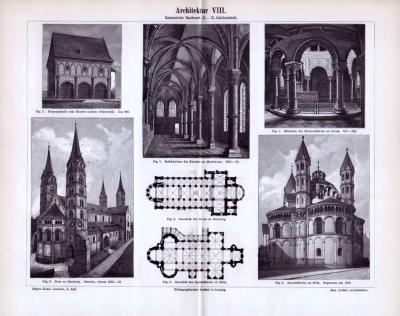 Romanische Baukunst in einem Stich aus dem Jahr 1893. Kloster, Kirchen und Dome sind in verschiedenen Ansichten abgebildet.