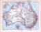 Farbige Lithographie einer Landkarte von Australien aus dem Jahr 1893. Der Maßstab beträgt 1 zu 16 Millionen. Tasmanien ist in einem Extrafenster verzeichnet. Die verschiedenen Territorien Australiens sowie wichtige Städte und Flüße sind ebenso abgebildet.