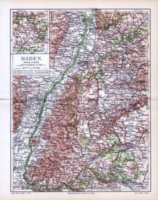 Farbige Landkarte von Baden aus 1893. Der Maßstab beträgt 1 zu 850.000. Distrikthauptstädte sind unterstrichen. Extrafenster zeigt den Distrikt .Bauland