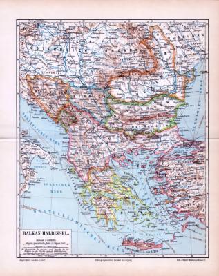Balkan-Halbinsel Landkarte ca. 1893 Original der Zeit