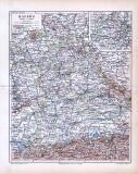 Die Landkarte zeigt Bayern um 1893. Ein Extrafenster zeigt die Pfalz. Darstellung in Farbe, im Maßstab 1 zu 1.700.000 Kreishauptstädte sind doppelt, Bezirksämter einfach unterstrichen. Eisenbahnlinien sind eingezeichnet.