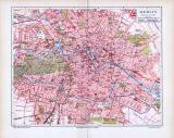 Historische farbige Lithographie eines Stadtplans von Berlin aus dem Jahr 1893. Der Maßstab beträgt 1 zu 31.000, Pferdebahn und Dampfstraßenbahn sind eingezeichnet.
