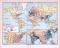 Historische farbige Lithographie einer Weltkarte zur Einwohnerdichte aus 1893. Maßstab 1 zu 150 Millionen. Zwie Extrakarten zeigen die Vereinigten Staaten von Amerika und den Südost-Asiatischen Raum.