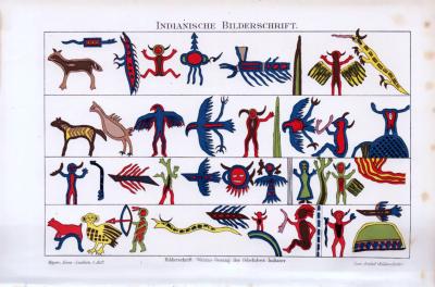 Historische Chromolithographie aus dem Jahre 1893 zum Thema Indianische Bilderschrift.
