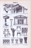 Stich aus 1893 zeigt verschiedene Baustile der Antike. Die Rückseite zeigt verschiedene historische Baustile anhand von Merkmalen bei Fenstern, Pfeilern, Gewölben.