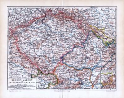 Farbig illustrierte Landkarte aus dem Jahr 1893. Im Format 1 zu  1.750.000 werden Böhmen, Mären, und Schlesien gezeigt.