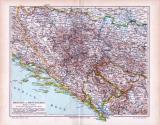Farbig illustrierte Landkarte von Bosnien und Montenegro aus dem Jahr 1893. Darstellung im Maßstab 1 zu 1.700.000.