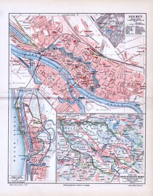Stadtplan von Bremen aus 1893, farbig illustriert im Maßstab 1 zu 20.000. Extrafenster zeigen Bremerhaven und das Gebiet der freien Hansestadt.