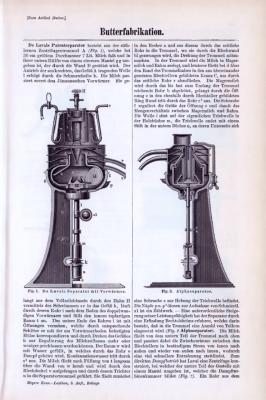 Wissenschaftliche Abhandlung zum Thema Butterfabrikation aus 1893. Die zweiseitige Abhandlung enthält Stiche, die Maschinen zur Butterherstellung zeigen.