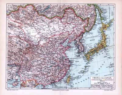 Farbig illustrierte Landkarte von Japan und China aus dem Jahr 1893. Maßstab 1 zu 18.500.000.