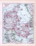 Farbige Lithographie einer Landkarte von Dänemark aus 1893. Maßstab 1 zu 1,6 Millionen. Hauptstädte, Dampferlinien udn Telegraphenlinien sind eingezeichnet.