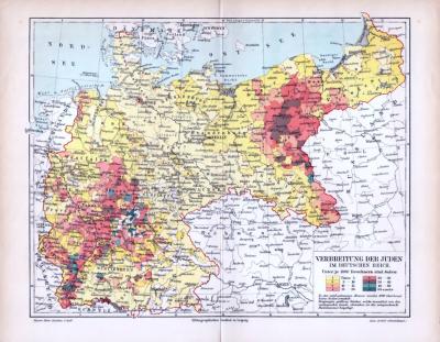 Farbige Lithographie einer Landkarte des Deutschen Reichs zur Verteilung der jüdischen Konfession um 1893.