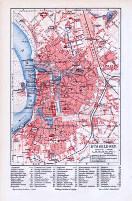 Farbige Lithographie eines Stadtplans von Düsseldorf aus 1893 im Maßstab 1 zu 24.000. Straßenregister enthalten.