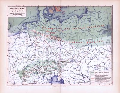 Mitteleuropa zur Eiszeit Landkarte ca. 1893 Original der Zeit