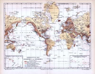 Verbreitung der Erdbeben und Seebeben als farbig illustrierte Weltkarte aus dem Jahr 1893.