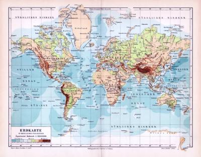 Farbig illustrierte Weltkarte aus dem Jahr 1893. Erdkarte in Mercators Projektion im Maßstab 1 zu 150 Millionen.