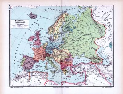 Farbig illustrierte politische Übersichtskarte von Europa aus 1893 im Maßstab 1 zu 25 Millionen.