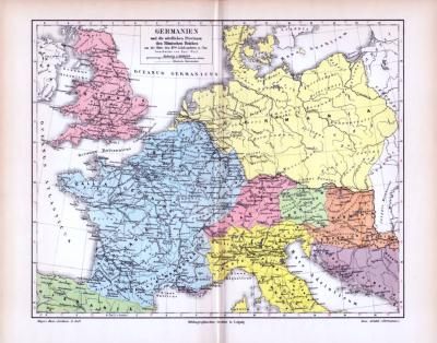 Historische farbig illustrierte Landkarte von Germanien und den nördlichen Provinzen des römischen Reiches  zur Mitte des 2. Jahrhunderts n. Chr..