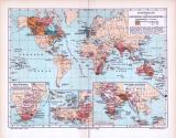 Farbig illustrierte Weltkarte aus 1893 zeigt die Entwicklung des Britischen Kolonialreiches im Maßstab 1 zu 150 Millionen. Ausschnittskarten zeigen Südafrika, Karibik, Somali, Niger und Indien.