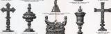 Der Stich aus 1893 zeigt 15 mittelalterliche Objekte der...