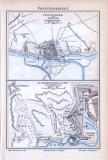 Farbige Lithographie aus dem Jahr 1893 zum Thema Festungskrieg, beidseitige Detailabbildungen.
