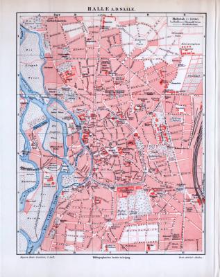 Halle an der Saale Stadtplan, farbige Lithographie aus 1893 im Maßstab 1 zu 15.000.