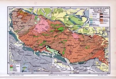 Geologische Karte des Harzes Landkarte ca. 1893 Original der Zeit