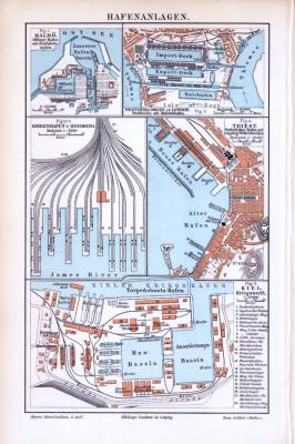 Farbig lithographierte Skizzen von verschiedenen Hafenanlagen privatwirtschaftlicher und militärischer Nutzung aus 1893.