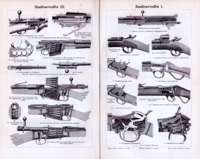 Stich aus 1893 zeigt verschiedene Handfeuerwaffen und technische Illustrationen dazu.