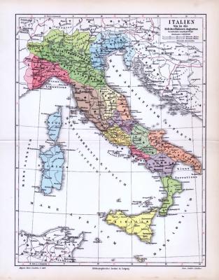 Italien bis in die Zeit des Kaisers Augustus Landkarte ca. 1893 Original der Zeit