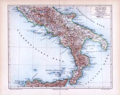 Italien Südliche Hälfte Landkarte ca. 1893 Original der Zeit