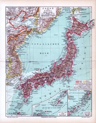 Farbig illustrierte Landkarte von Japan und Korea aus 1893. Maßstab 1 zu 8.000.000.