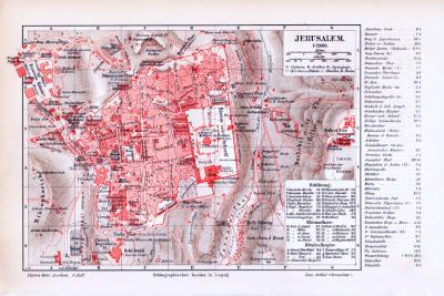 Farbig illustrierter Stadtplan von Jerusalem aus 1893 im Maßstab 1:12.000.