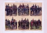 Chromolithographie aus 1893 zeigt 6 verschiedene Armeeeinheiten und deren Uniformen aus 6 europäischen Ländern.
