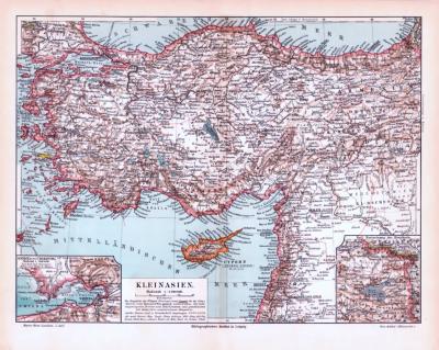 Farbig illustrierte Landkarte von Kleinasien aus1893. Im Maßstab 1 zu 5.000.000.