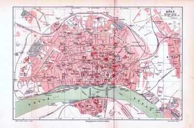 Farbig illustrierter Stadtplan von Köln aus 1893. Im Maßstab 1 zu 16.000.