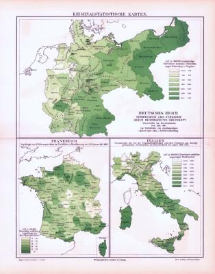Kriminalistische Karten Deutsches Reich Frankreich Italien ca. 1893 Original der Zeit