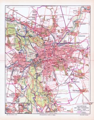 Leipzig mit den Vororten Stadtplan ca. 1893 Original der Zeit