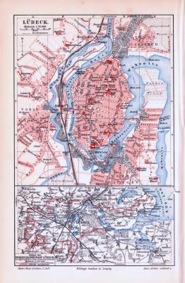 Farbig illustrierter Stadtplan von Lübeck und Umgebung aus 1893. Im Maßstab 1 zu 20.000 und 1 zu 250.000.