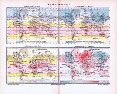 4 farbig illustrierte Weltkarten aus 1893 zeigen jahreszeitliche Temperaturverteilung.