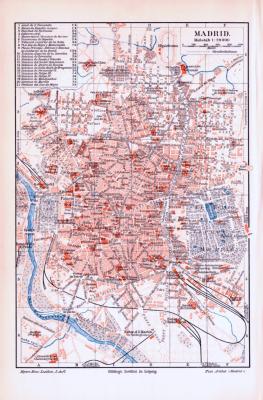Farbig illustrierter Stadtplan von Madrid aus 1893. Im Maßstab 1 zu 29.000.