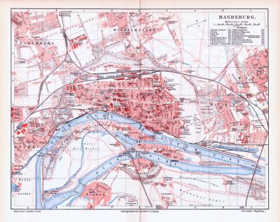 Farbig illustrierter Stadtplan von Magdeburg aus 1893. Im Maßstab 1 zu 20.500.