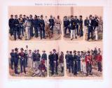 Chromolithographie aus 1893 zeigt Marine-, Schutz-, und Kolonialtruppen verschiedener europäischer Länder in ihren Uniformen.