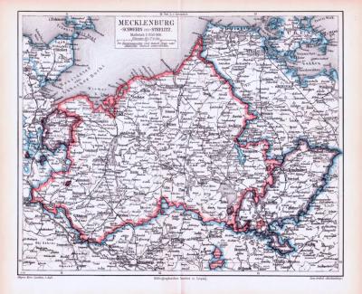 Farbig illustrierte Landkarte von Mecklenburg aus 1893 im Maßstab 1 : 850.000.