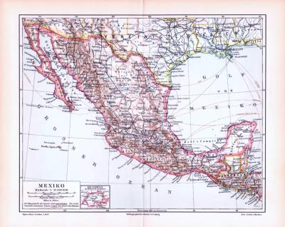 Mexiko Landkarte ca. 1893 Original der Zeit
