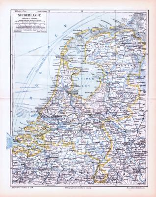 Farbig illustrierte Landkarte der Niederlande aus 1893 im Maßstab 1 : 1.300.000.