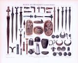 Chromolithographie aus 1893 zeigt Waffen und Kulturobjekte aus der älteren Periode der Metallzeit.